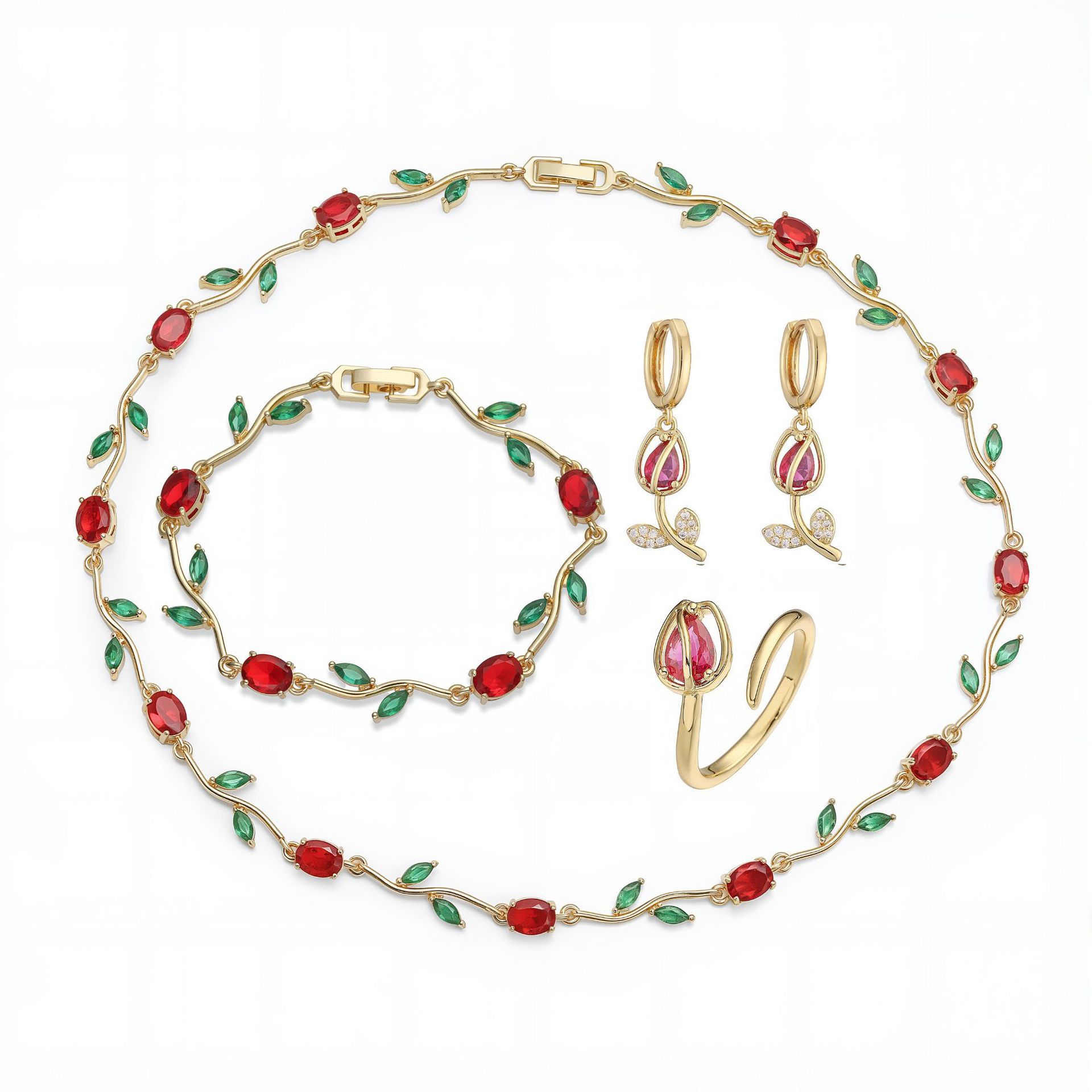 Copper Inlaid Colorful Diamond Tulip Bracelet, Necklace Unique Super Shiny Branch and Flower Jewelry Set