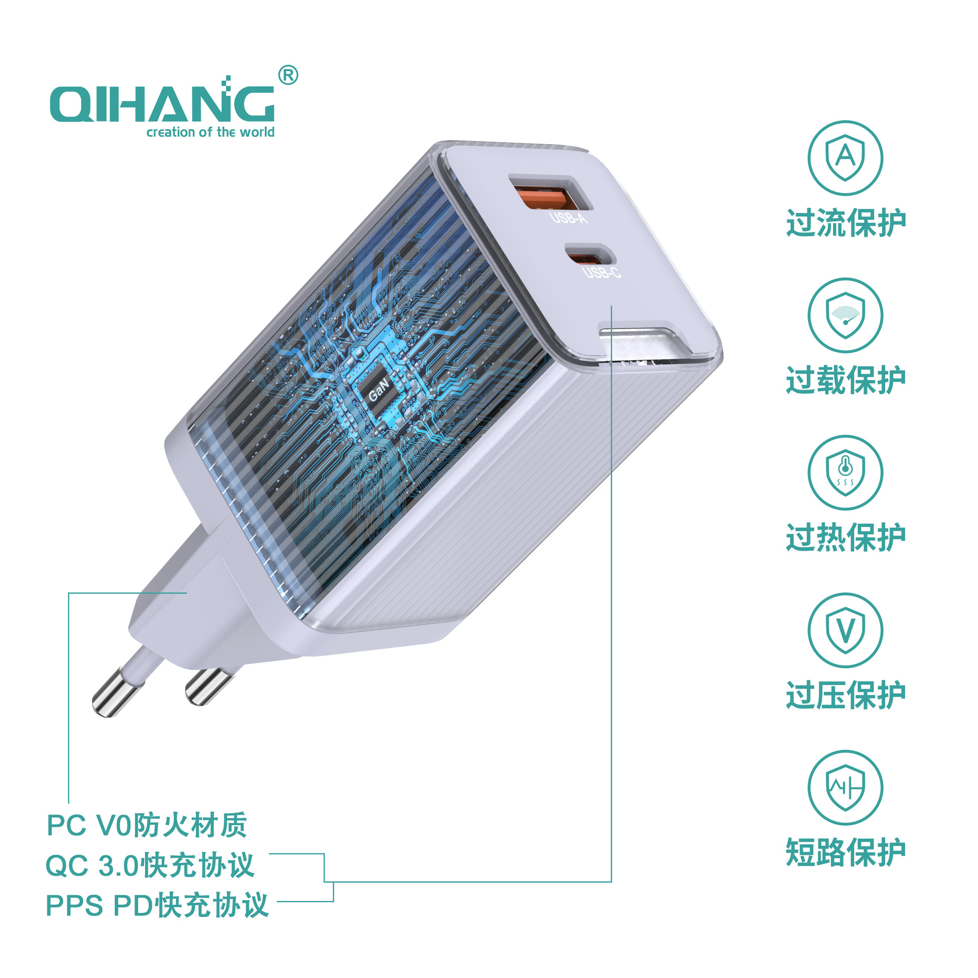 45W GaN Multi-Port Charger European Standard CE Certification Customizable Logo Color GaN Charging Head