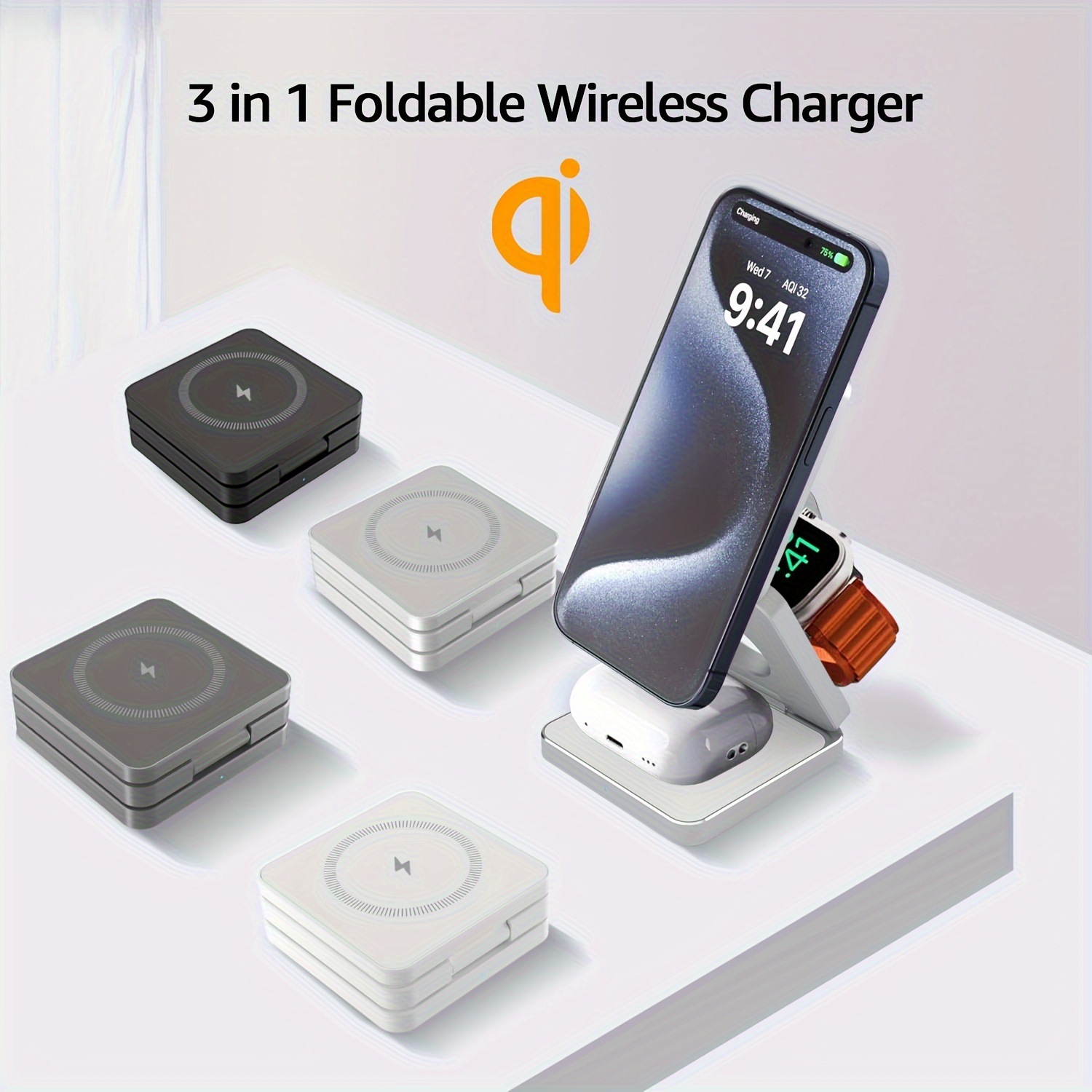 Aluminum Alloy Shell 3-in-1 Foldable Wireless Charger for Wireless Charging Phones, Apple Earphones, Watch