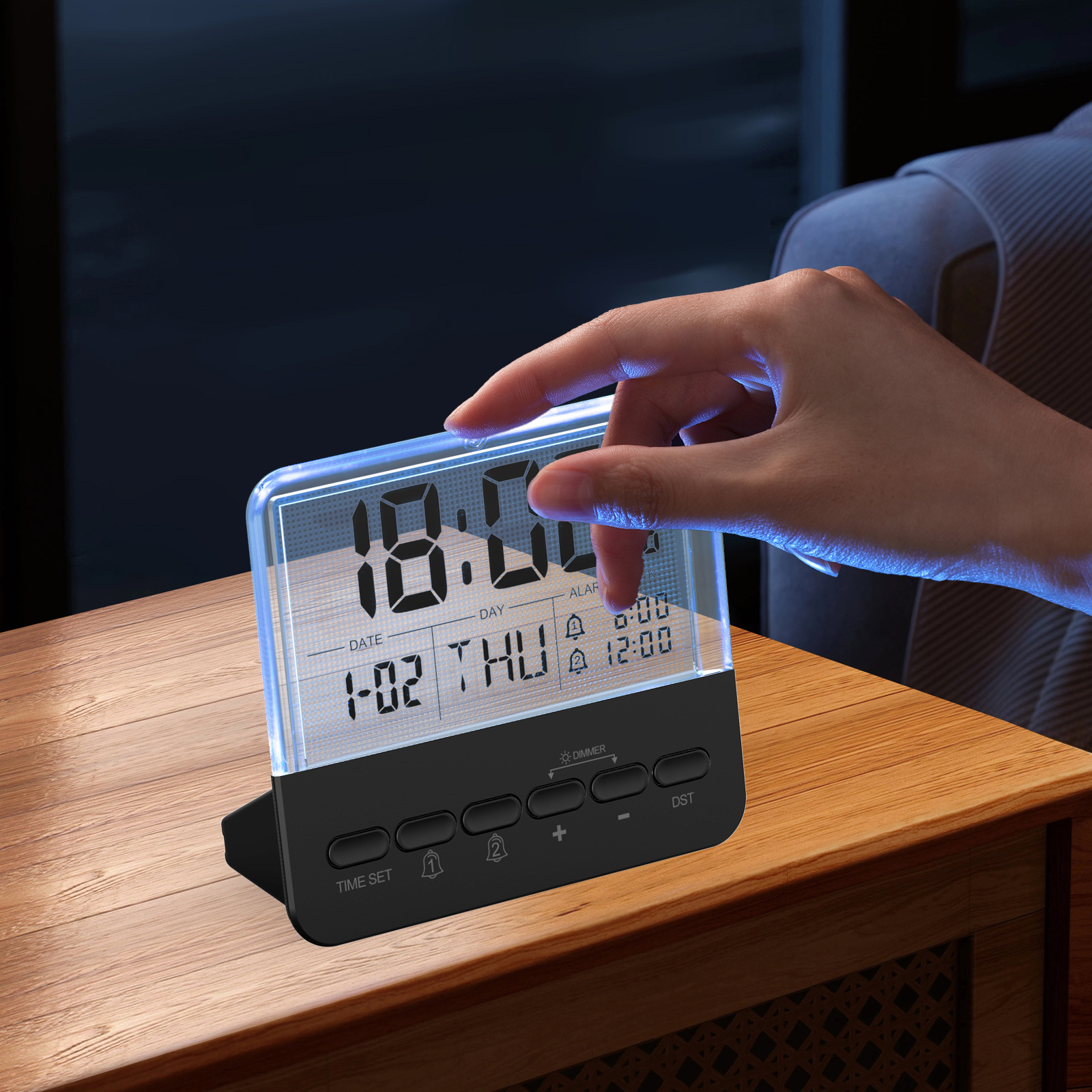 New Transparent Glass Clock LCD Seven-Color Changing Night Light Electronic Alarm Clock Large Screen Bedroom Bedside Clock