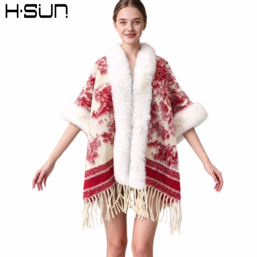 New Knit Cape Poncho Elegant Ethnic Style Fringe Wool Shawl Warm Ethnic Style