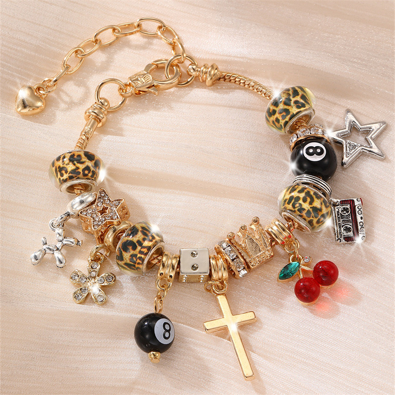 Bracelet DIY Beaded Bracelet Copper Inlaid Zircon Leopard Print Heart Pendant Black Eight Jewelry Accessory