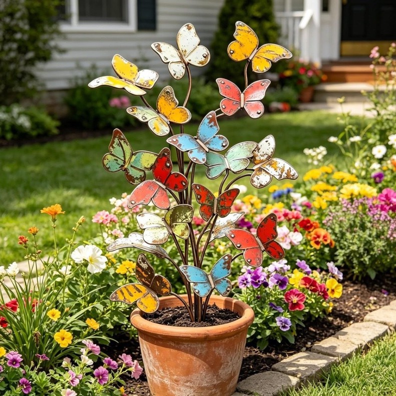 Iron Butterfly Ground Insert Garden Courtyard Decoration Outdoor Potted Plant Lawn Colorful Metal Insert Sign