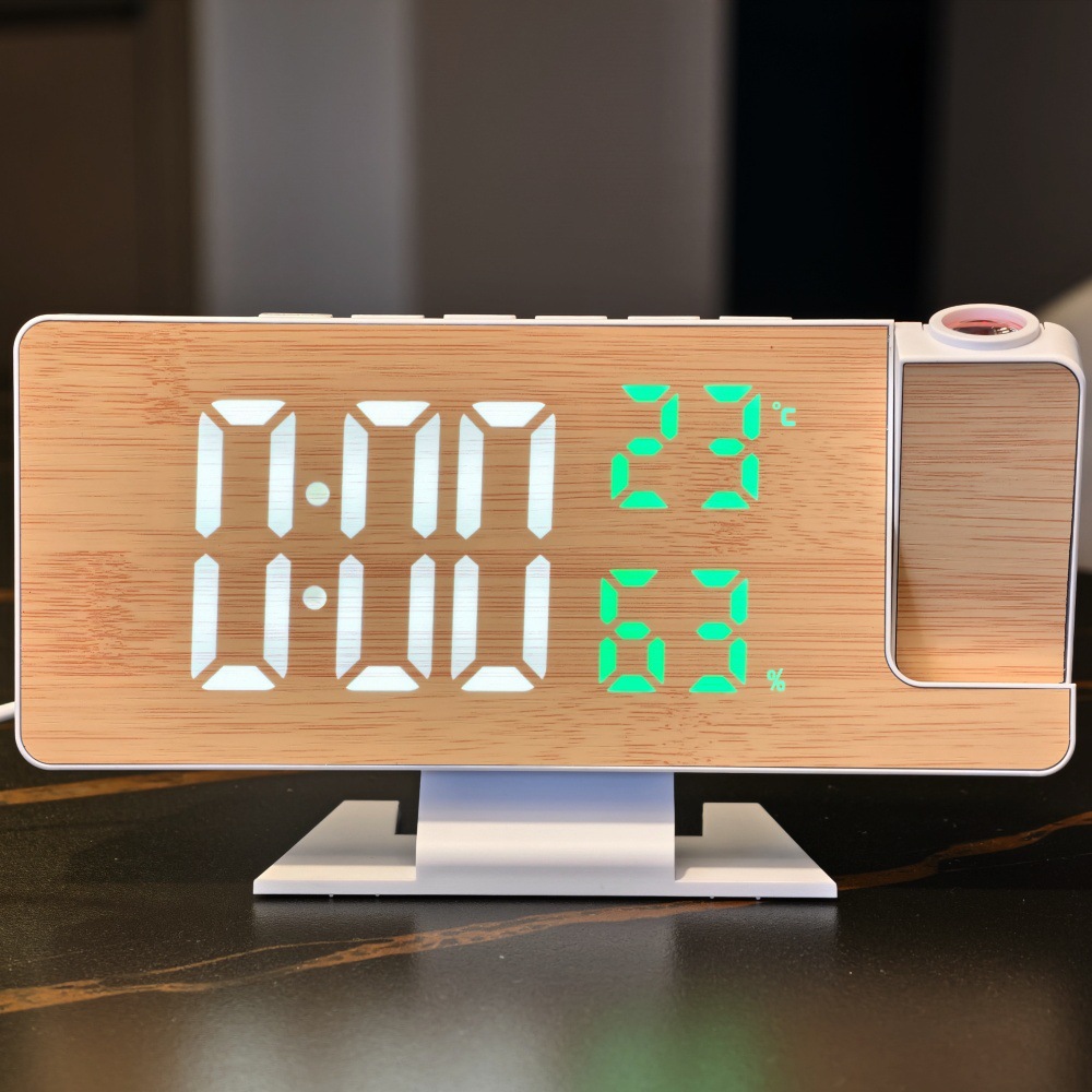 Modern Simple LED Large Screen Projection Clock Desktop Digital Alarm Clock ABS Shell Bamboo Surface Temperature and Humidity Display