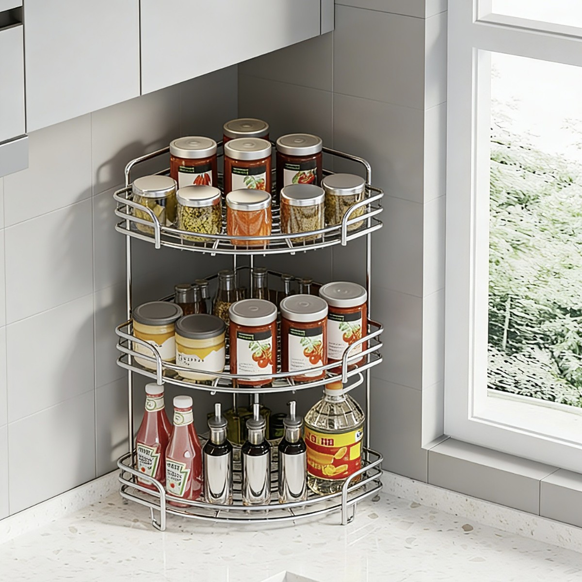 Stainless steel double-layer three-layer storage rack, kitchen bathroom countertop corner rack, seasoning storage rack, triangular wall-mounted rack