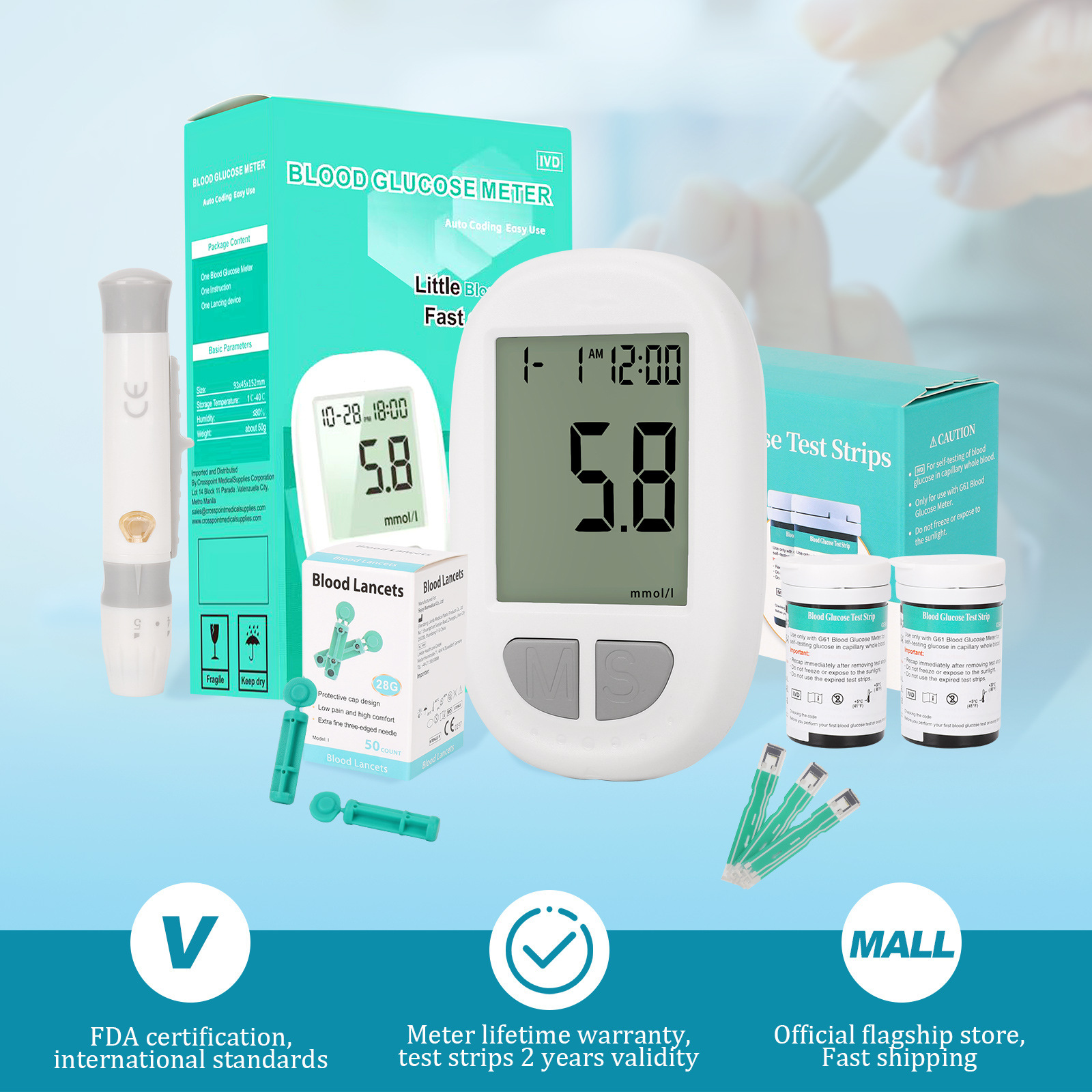 Glucose Meter Blood Glucose Meter Full English Export Home Test Strips Blood Glucose Test Kit Complete Set
