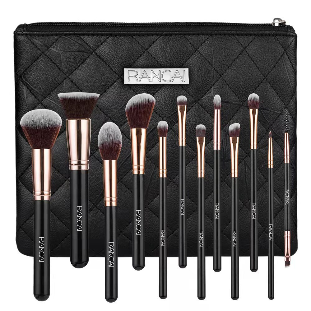 12 Pieces Black PU Zipper Bag Makeup Brush Set Soft Loose Powder Foundation Brush Eyeshadow Brush Makeup Tool