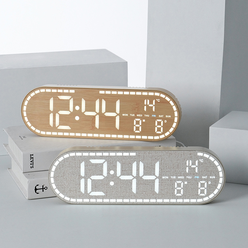 New Home Wall Clock Simple Wood Grain Style LED Electronic Clock Multifunctional Standing or Hanging GH8053