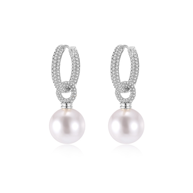 Zircon-set gray pearl earrings, goddess style, detachable round shell pearl earrings