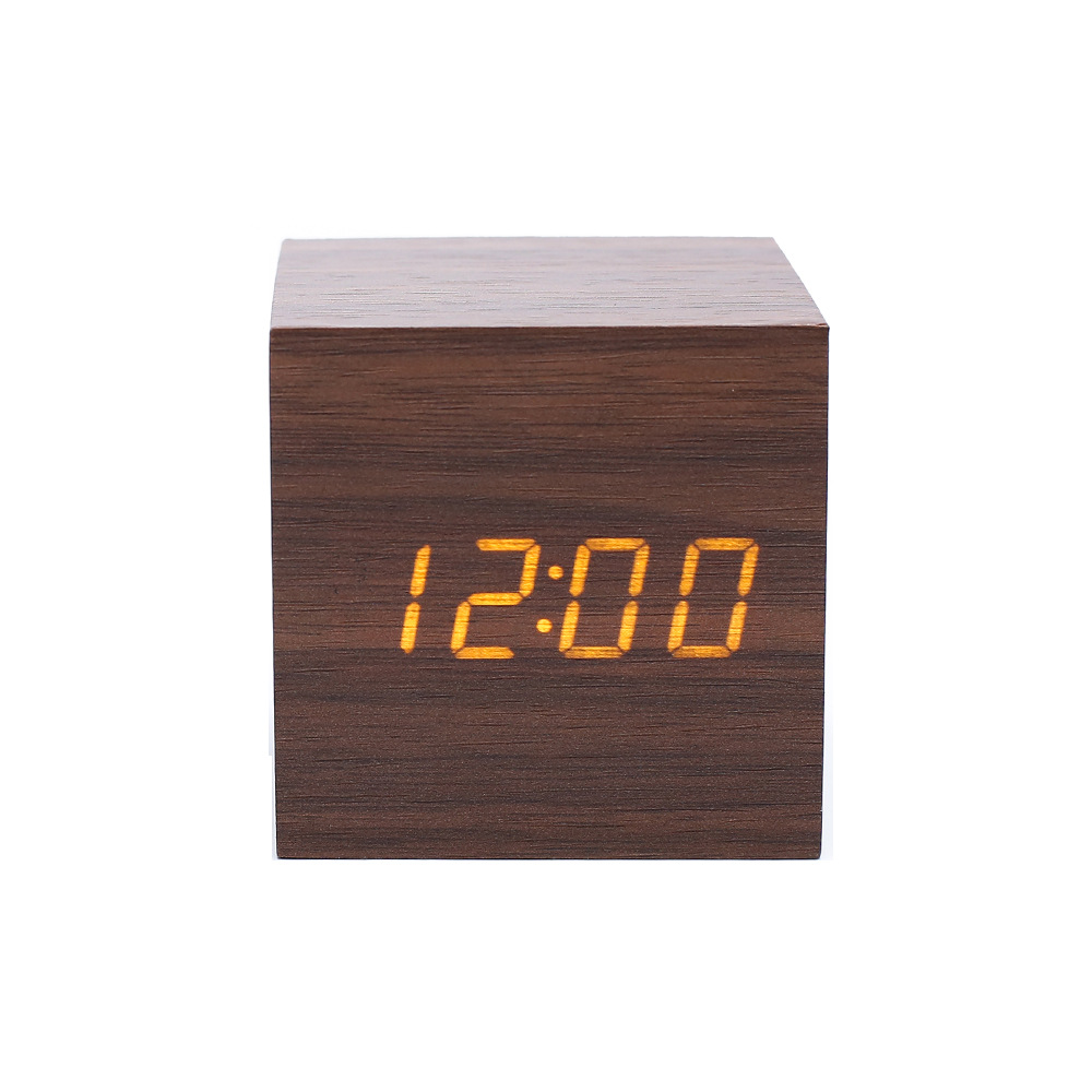 LED smart voice-controlled wooden clock, square compact digital display temperature and humidity electronic alarm clock, multi-color electronic clock