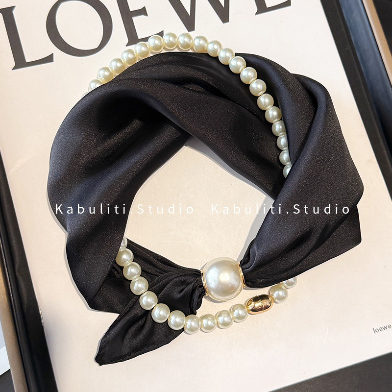 Off-white magnetic buckle pearl necklace, narrow small ears long strip silk scarf for women, neck protection matching shirt thin scarf