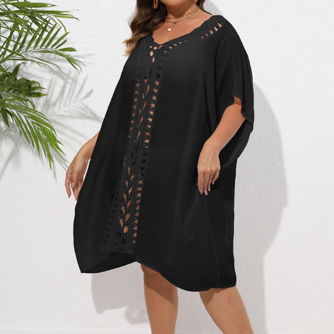 Women's Dress Plus Size Hand-Crocheted Lace-Up Loose Beach Bikini Outer Cover-Up