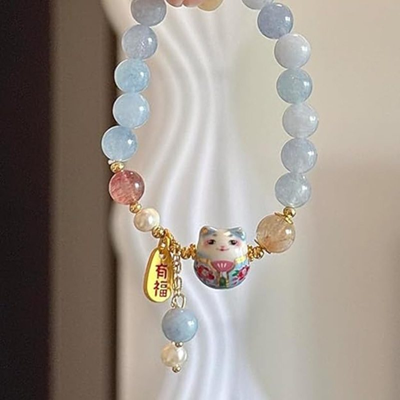 New New Chinese Style Ceramic Maneki Neko Bracelet Blue Jade Beaded Bracelet Cartoon Cute Jewelry