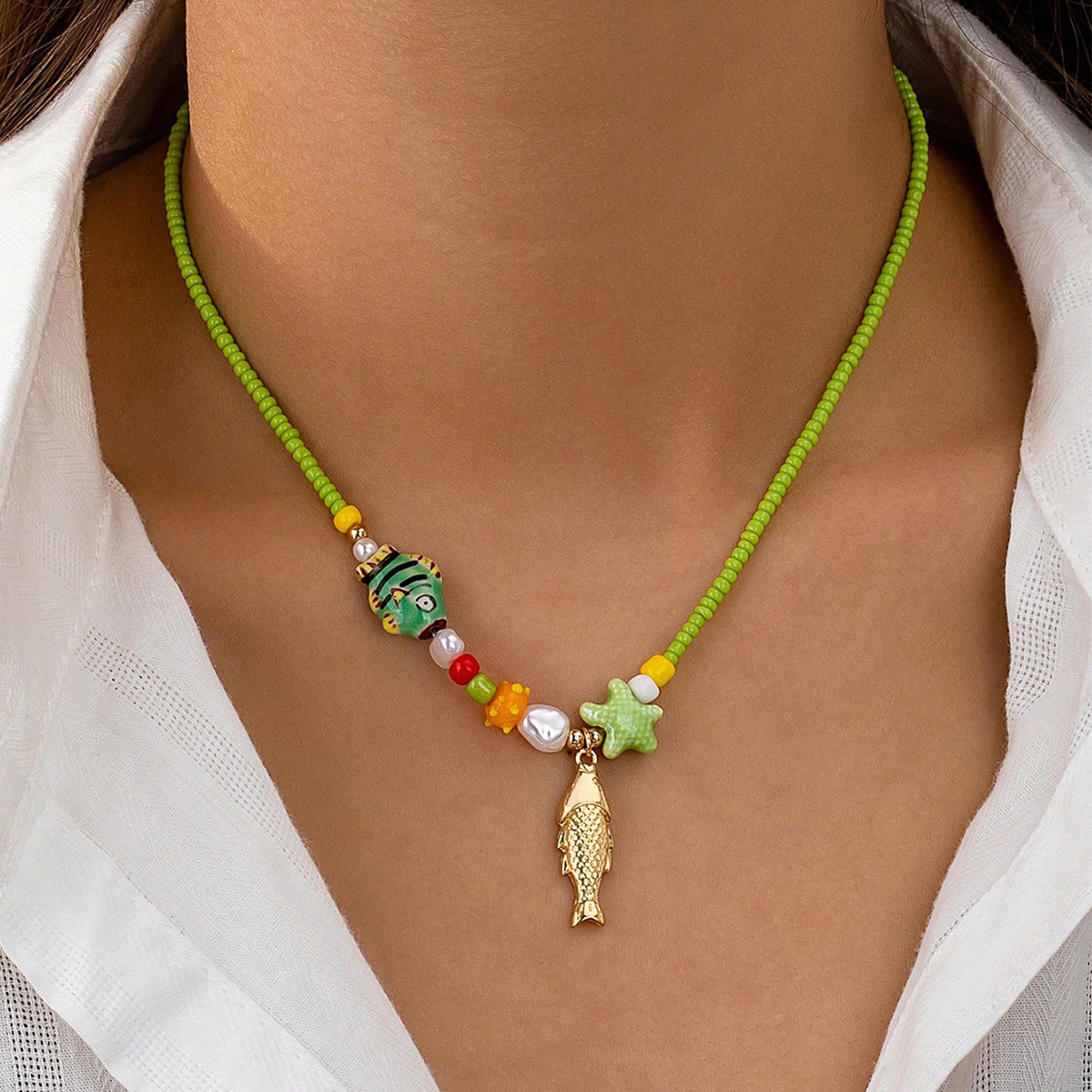 Qingdao Daiwei Accessories Bohemian Glass Bead Fish Starfish Pendant Necklace Summer