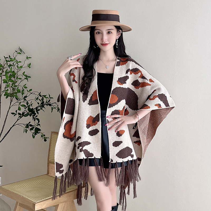 2023 Autumn Winter New Ethnic Style Tassel Shawl Cape Cape Outer Wear Jacquard Loose Knitted Cardigan Coat Women