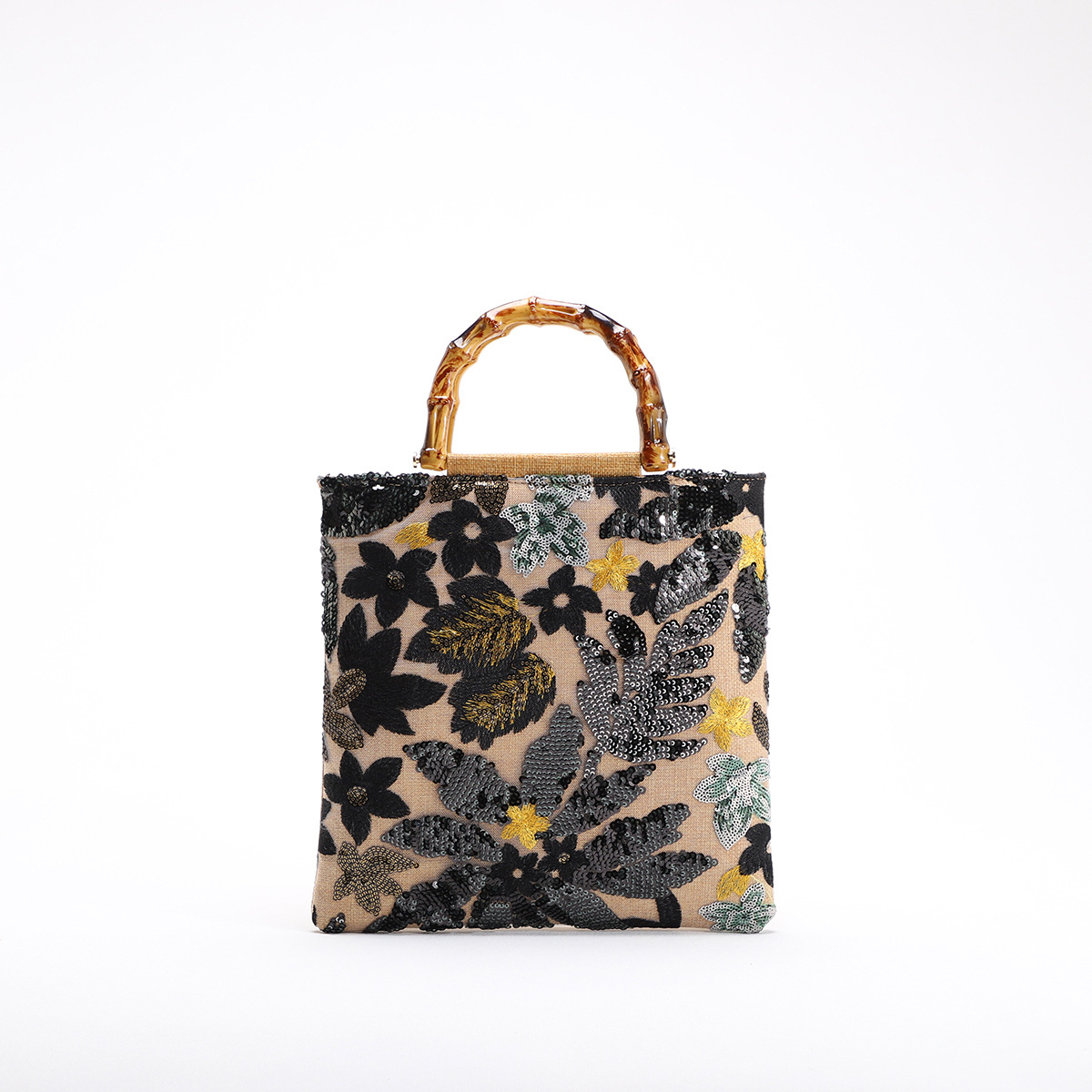 New Linen Bamboo Knot Handle Bag 2024 New Women's Bag Embroidery Sequins Women's Handbag Evening Bag