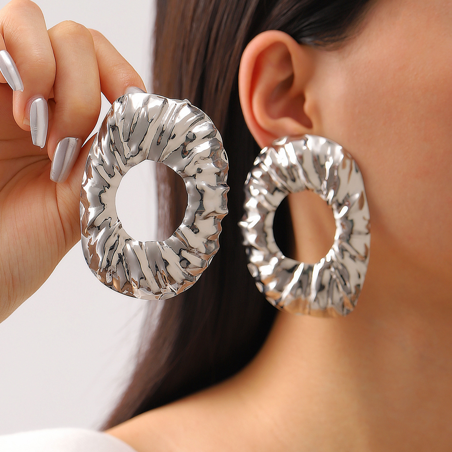 Liquid Lava Metal Heart Oval Earrings Geometric Irregular Wrinkle Earrings Accessories