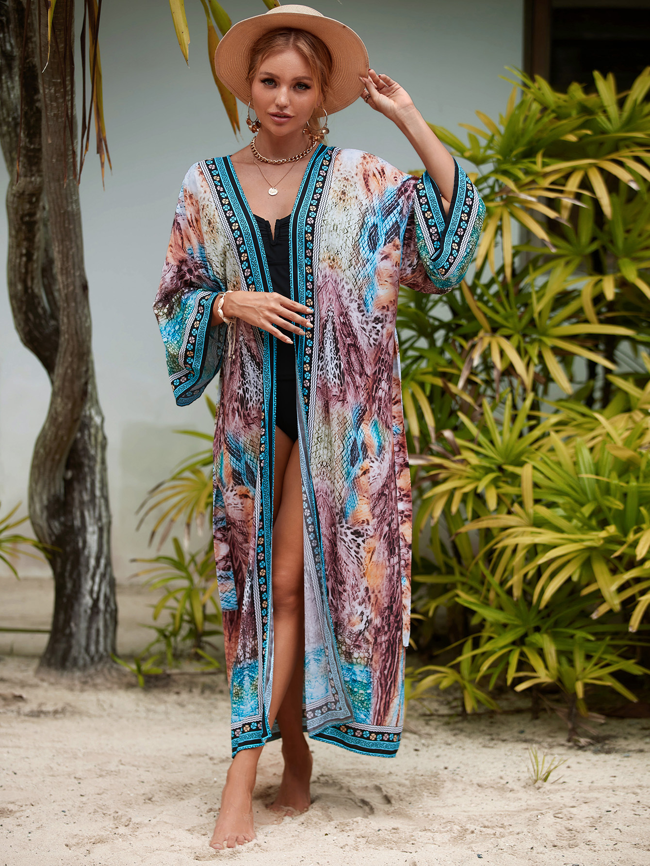 2023 New Rayon Printed Beach Jacket Sexy Sun Protection Cardigan Vacation Bikini Outer Cover Up Women