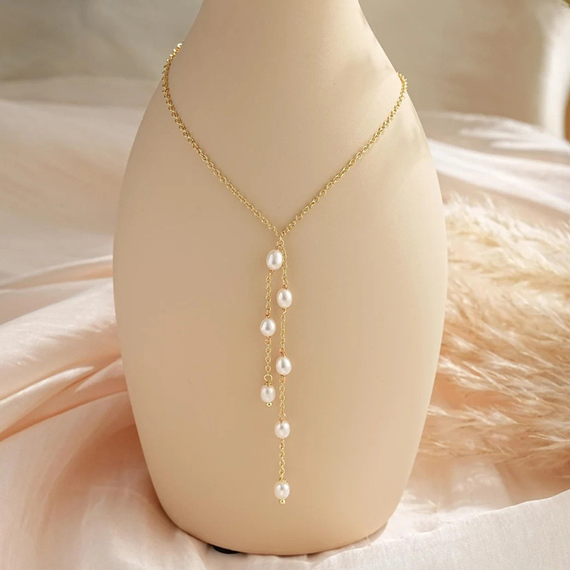 Rongshang Imitation Pearl Tassel Y-Shaped Chain Beaded Thin Chain Lasso Necklace Elegant Neck Ornament Accessory
