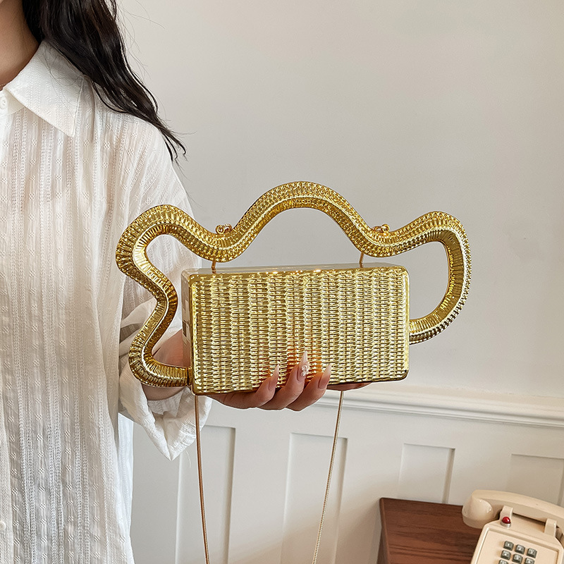 Wave Handle Evening Bag Metal Woven Small Square Bag Banquet Handbag