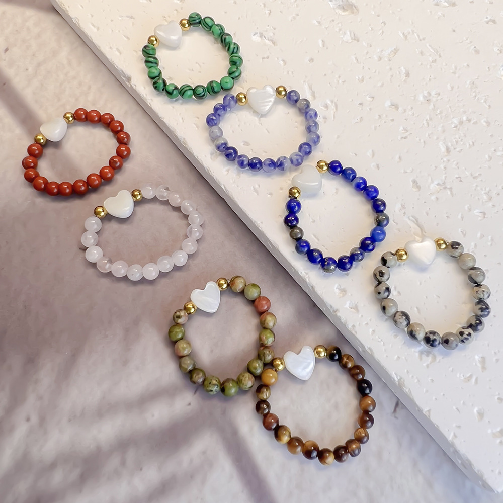 Colorful Natural Stone and Stainless Steel Bead Ring: Heart-Shaped Seashell DIY Craft—Sweet Set of Rings for the Index Finger