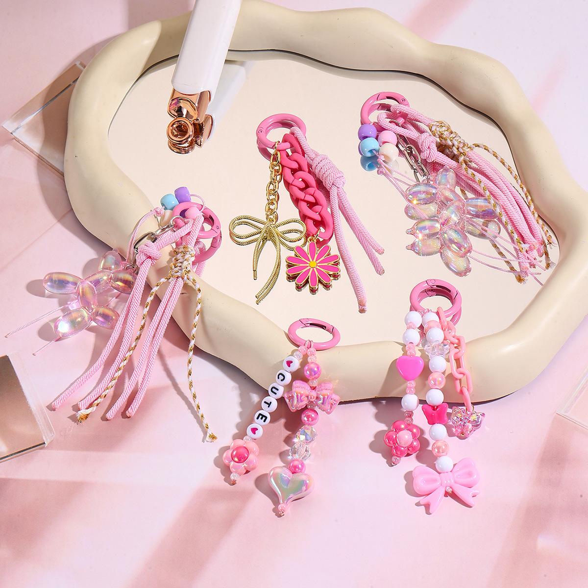 Letter keychain bead pendant small accessory phone bag pendant woven bow keychain