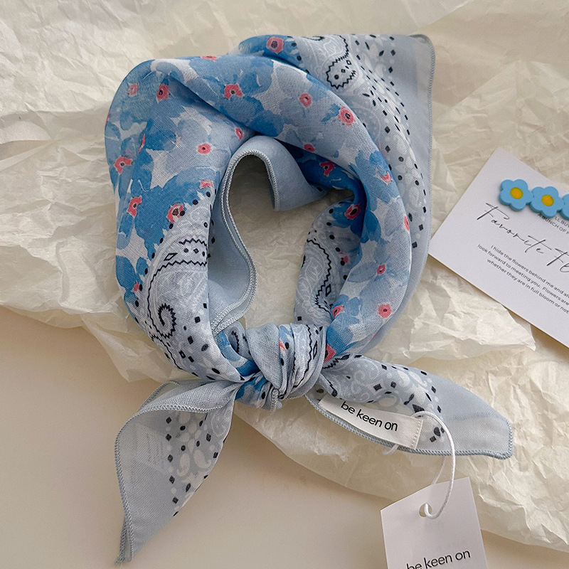 Blue headwrap for women, spring and summer new breathable small square scarf, triangular scarf
