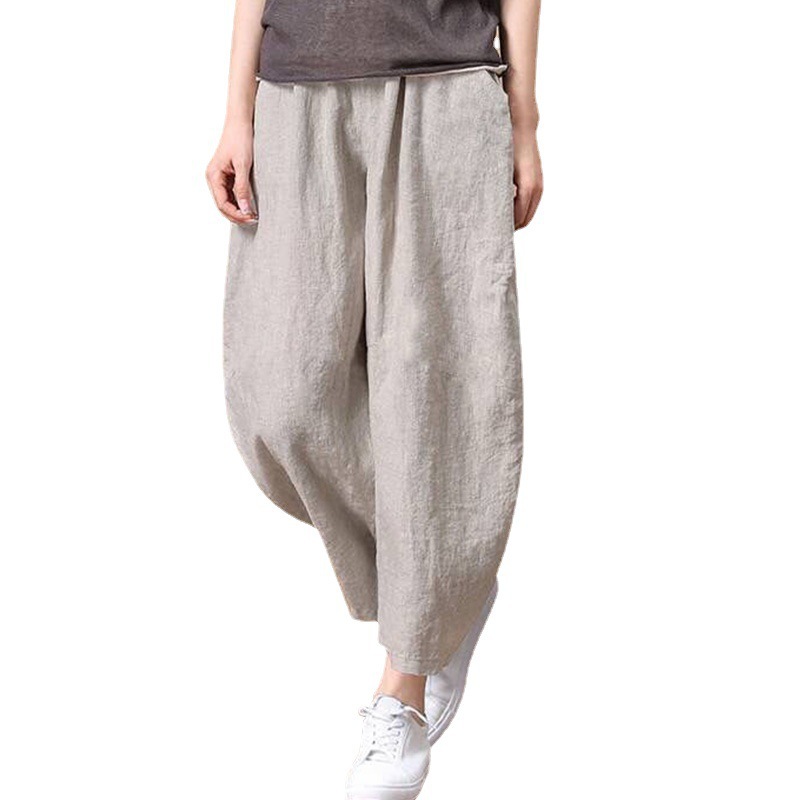 Summer Loose Breathable Seven-tenths Pants Cotton-linen Solid Elastic Waist Women's Wide-leg Pants Simple Casual Pants