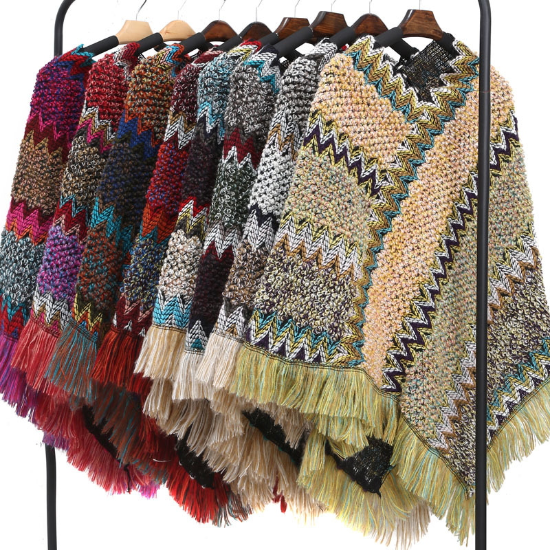 Colorful Ethnic Style Pullover Cape Women Poncho Acrylic Women Knit Cape Warm Autumn Winter Shawl