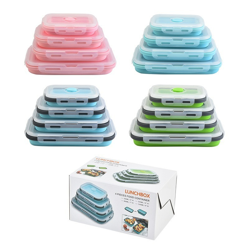 Silicone Lunch Box Foldable Expandable Portable Travel Microwave Oven Household Bento Box Fresh-Keeping Box 4-Piece Set