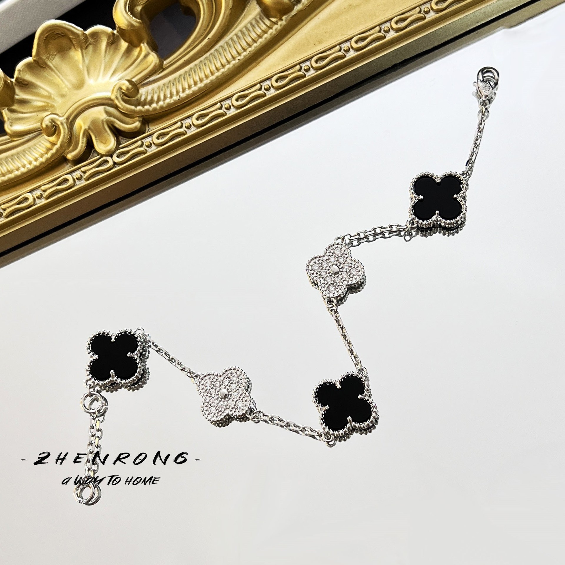 Premium five-flower panda four-leaf clover bracelet niche black agate flower bracelet women