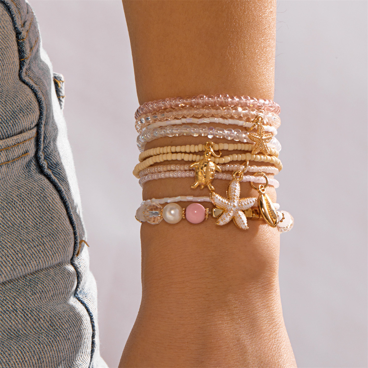 Bohemian Shell Set Bracelet Pendant Niche Women Seed Bead Multi-layer Elastic Bracelet
