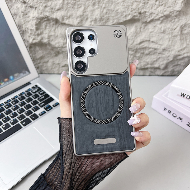 Suitable for Samsung S25Ultra Mobile Phone Case, Magnetic Wood Grain Two-In-One Half-Pack Anti-Fall S23U Protective Case S24U