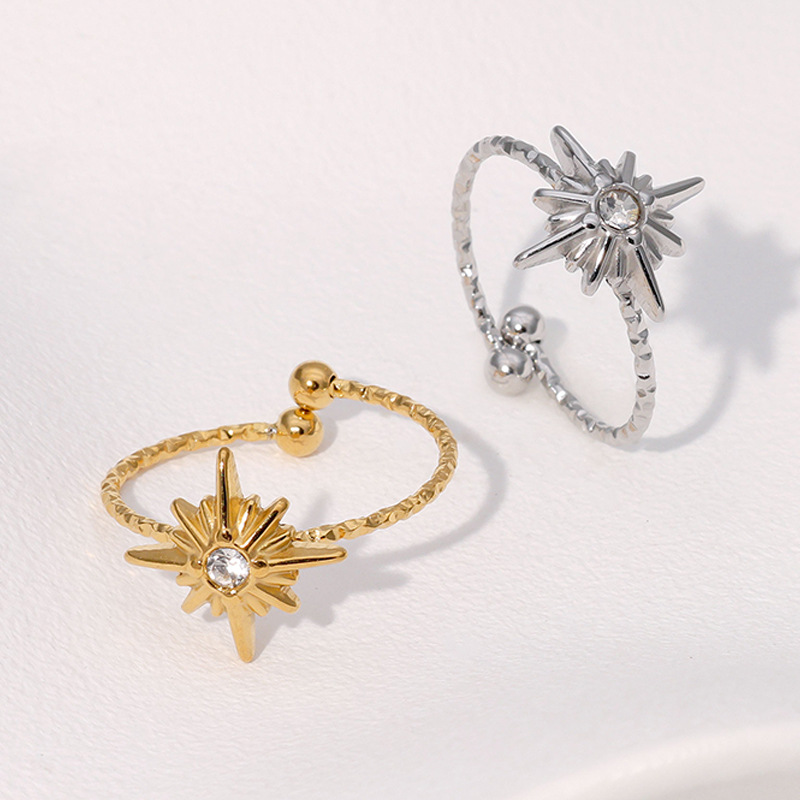 Diamond-set eight-pointed star simple star stainless steel open ring