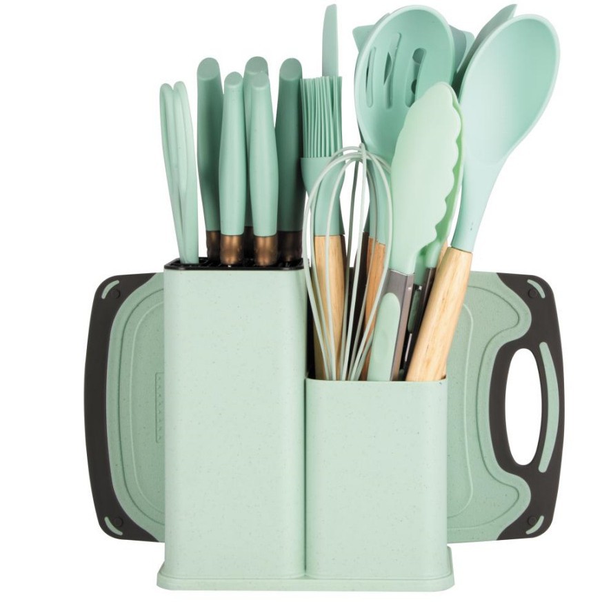 19-piece silicone kitchen utensil set with knife, silicone combination kitchen utensils 19-piece double-barrel straw silicone kitchen utensil set with knife