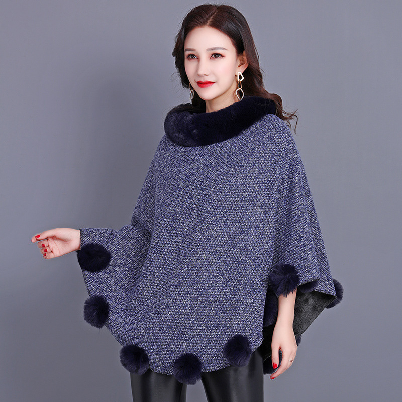 Brown Women's Coat Shawl Scarf Imitation Rabbit Fur Mid-Length Sleeveless Adult Pom Pom Winter Warm Shoulder Cape