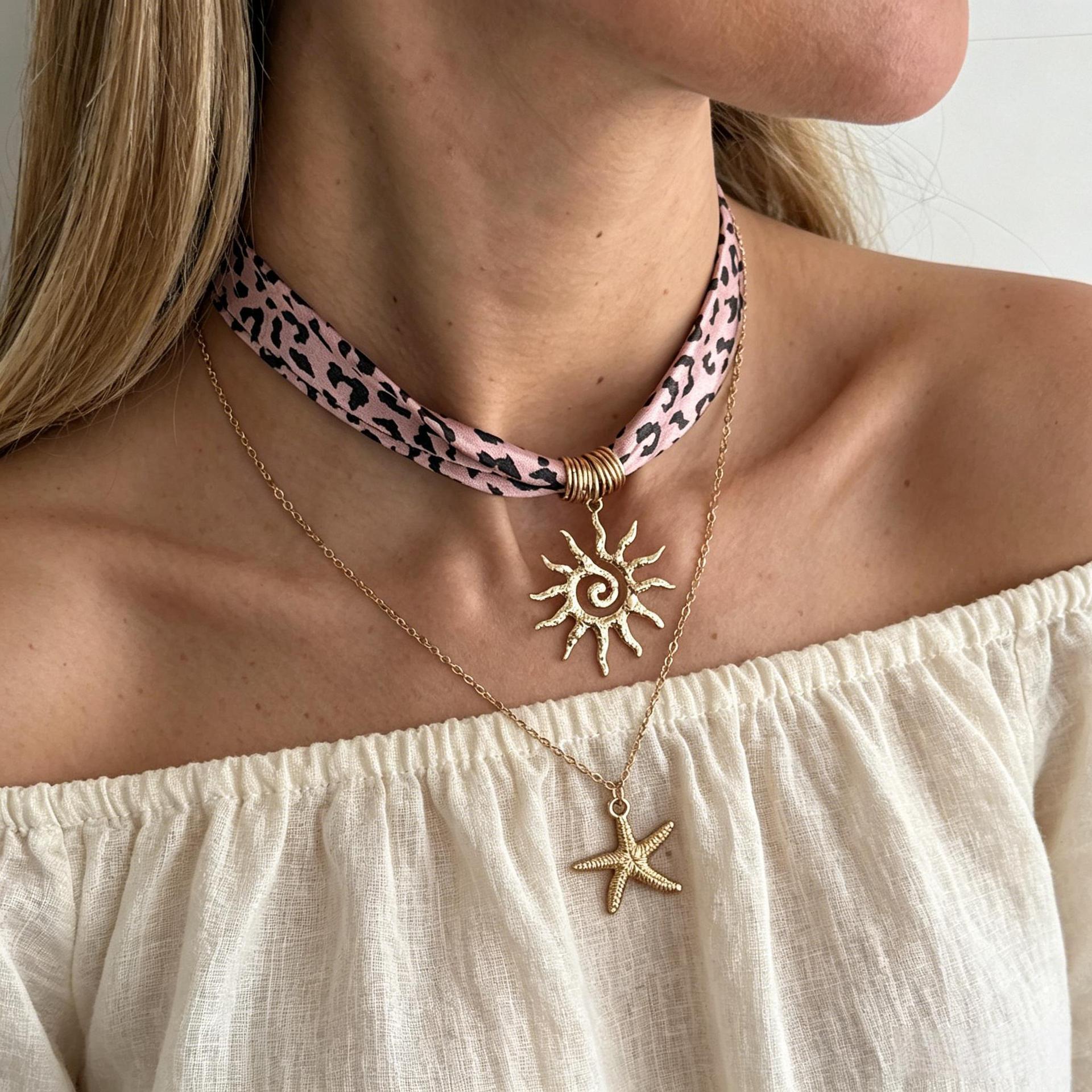 Accessories Sweet Cool Style Simple Heart Sun Pendant Necklace Leopard Velvet Choker Necklace
