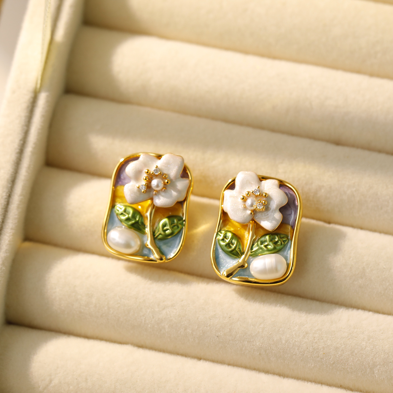 Monet Garden Oil Painting Style Earrings Baroque Natural Pearl Earrings Women Handmade DIY Vintage Ear Studs
