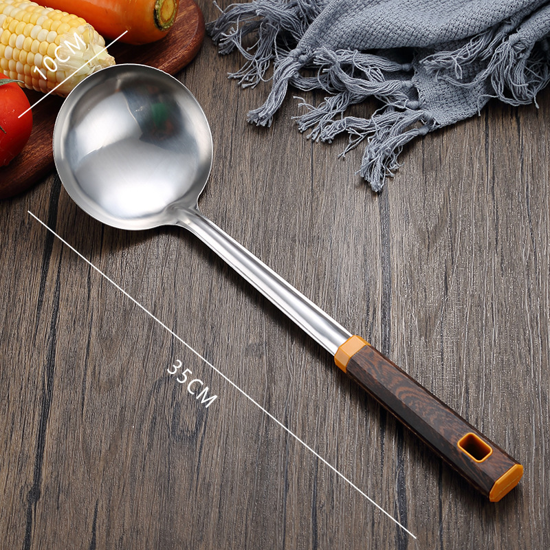 Stainless steel thickened wok spatula soup spoon home kitchen chef cooking anti-scald wok spatula wood grain handle set