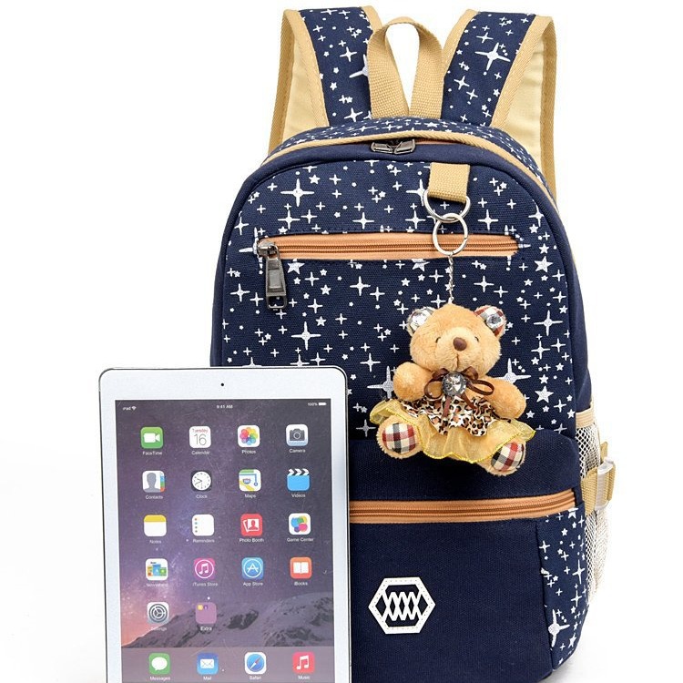 Double shoulder bag mother-child bag pure cotton canvas backpack travel bag student schoolbag 3-piece set