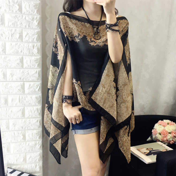 Sanya Beach Cape Shawl Sun Protection Clothing Women Summer Thin Off-Shoulder Chiffon Shirt Print Outerwear Shawl