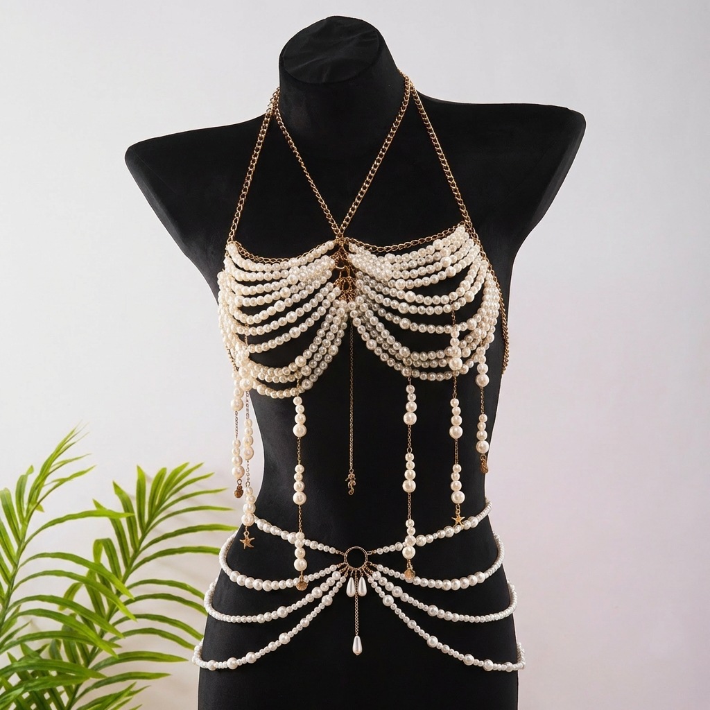 Pearl Beaded Chest Chain Tassel Halter Top Body Chain Bikini Beach Accessories