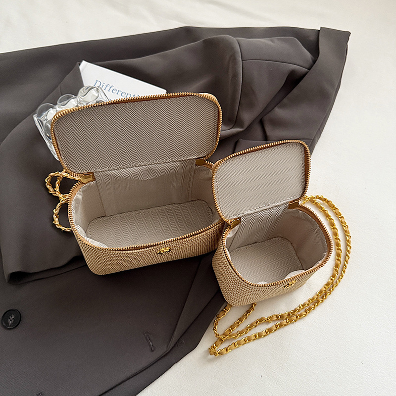 Straw Woven Small Square Bag 2025 New Chanel-Style Diamond Grid Chain Box Shoulder Crossbody Bag
