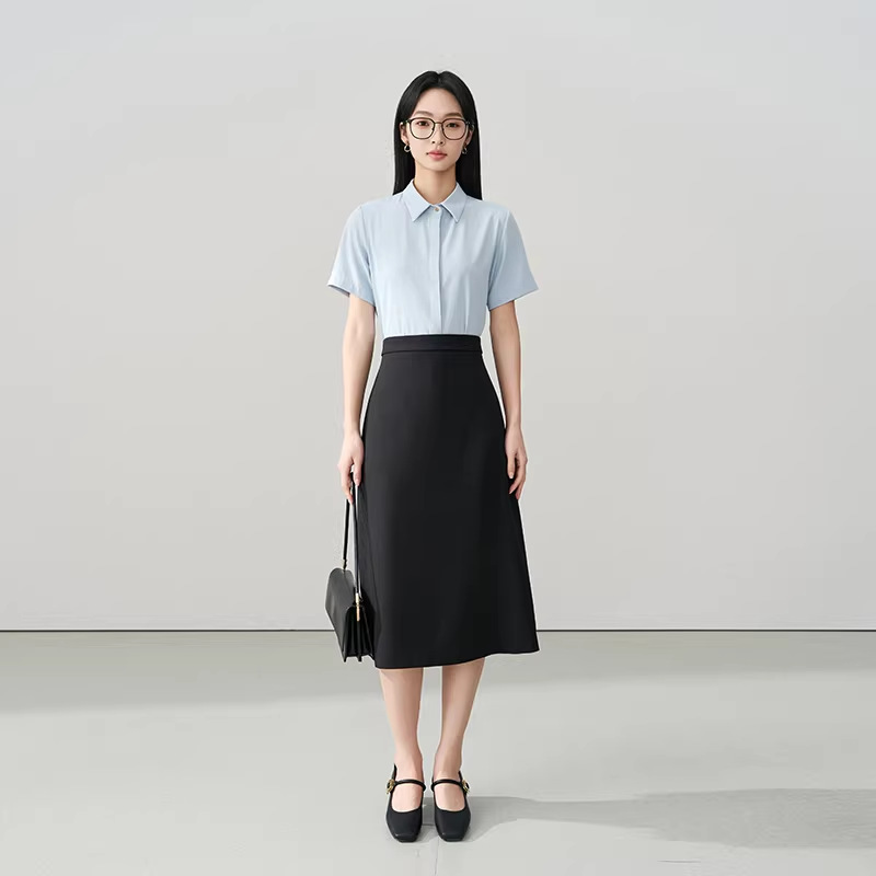 Blue Professional Short-Sleeve Shirt Women Summer New Commute Wear Chiffon Top Interview Formal Wear Petite Blouse