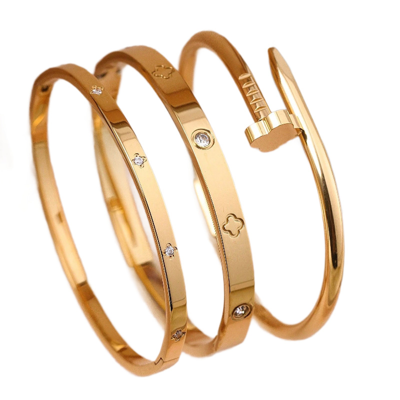 Gold-plated four-leaf clover diamond-studded open bangle for women stackable stainless steel jewelry