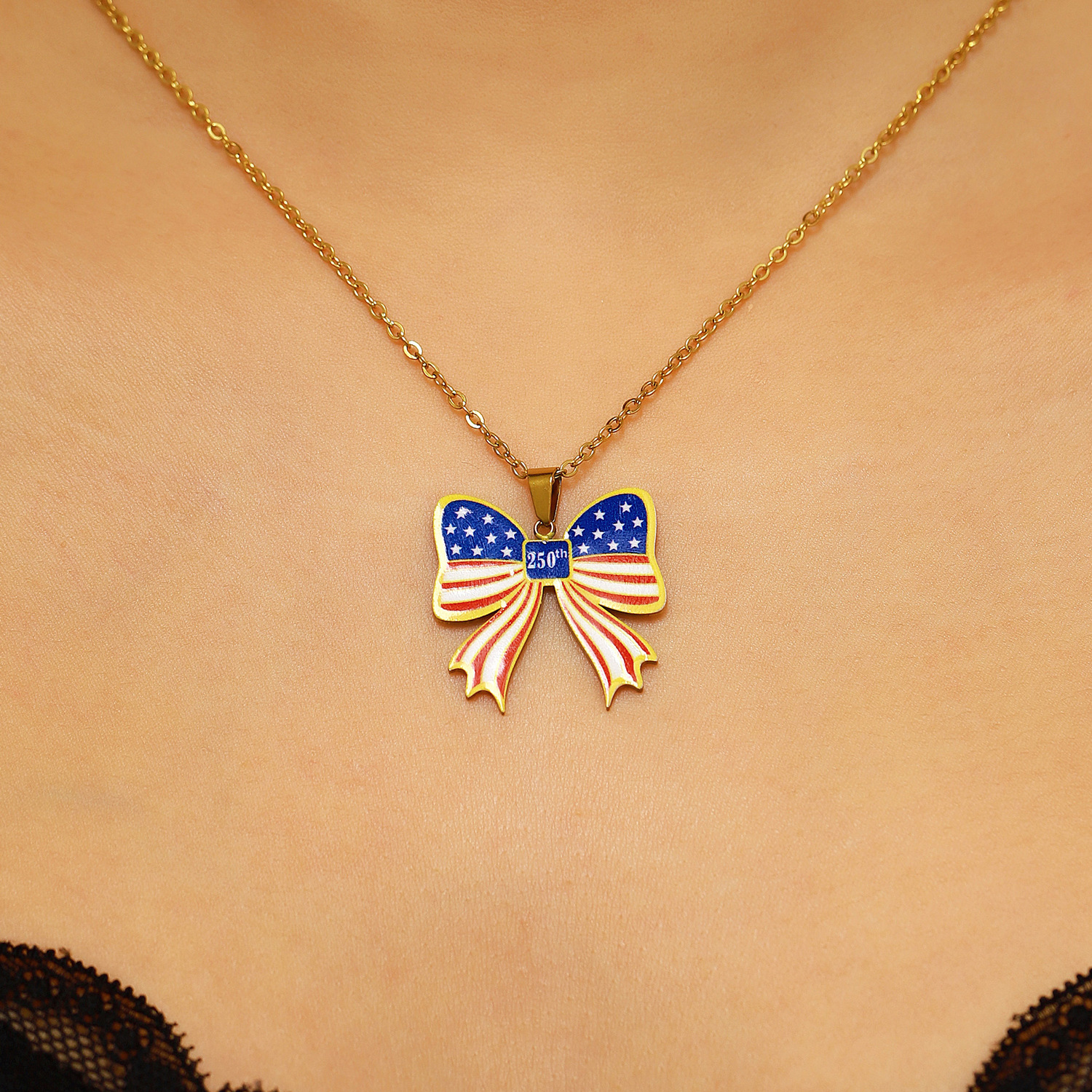 250th Anniversary American Independence Day Commemorative Brooch Earrings Ring Necklace Women's Bow Pendant Collarbone Chain Jewelry