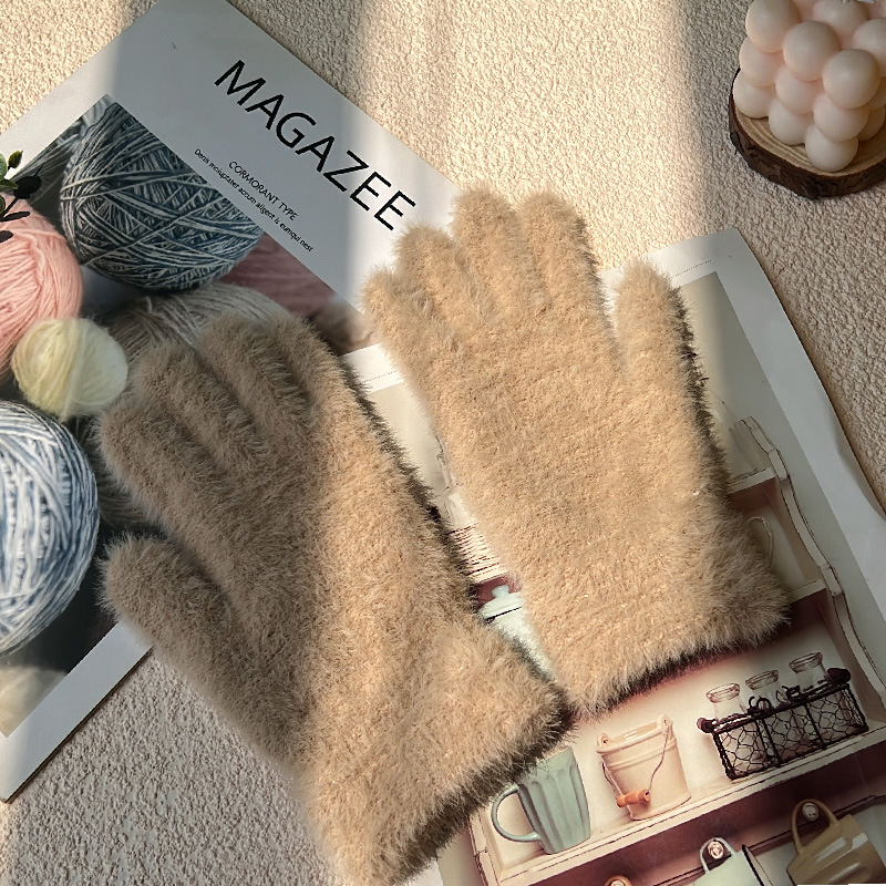 Women's Winter Warm Knitted Gloves for Students, Cycling, Fingerless, Solid Color, Imitation Rabbit Fur, Touchscreen