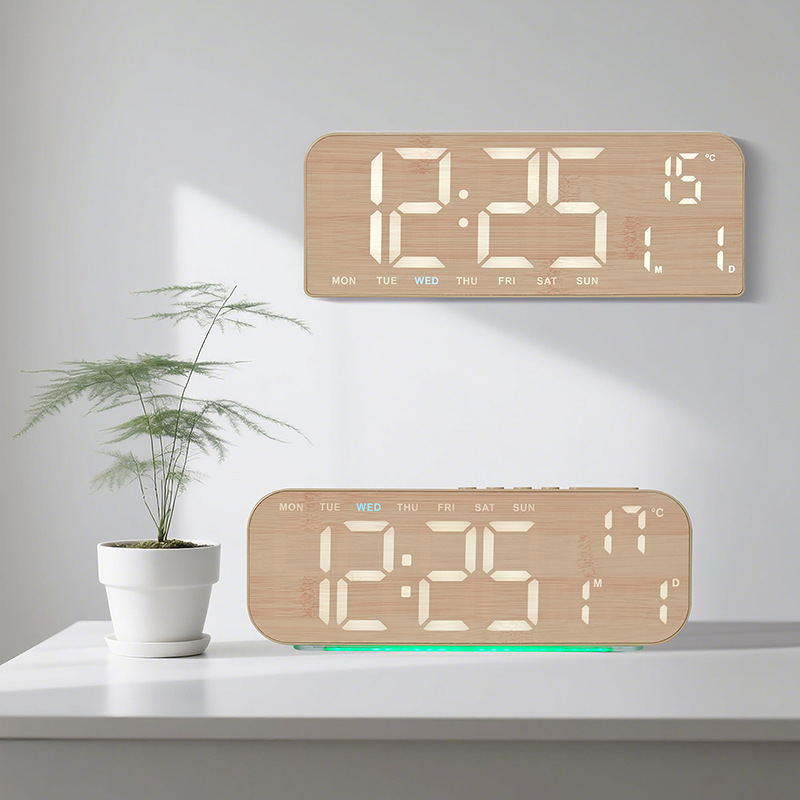 New LED Clock Large Screen Alarm Clock Simple Wood Grain Clock Table Clock Hangable GH