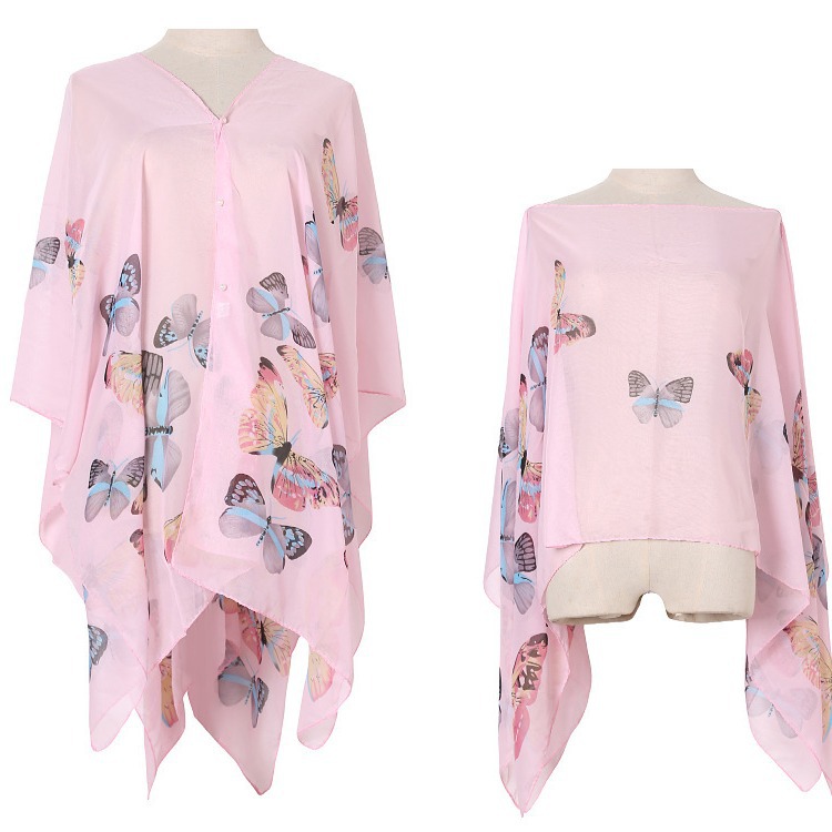 Summer Sun Protection Imitation Silk Shawl Butterfly Print Sun Protection Shawl Gift Silk Scarf Shawl