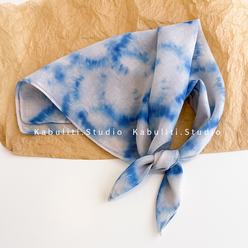 Yunnan tie-dye blue small square scarf, silk scarf for women, triangle headwrap sun protection, hair band, neck protection, thin gauze scarf